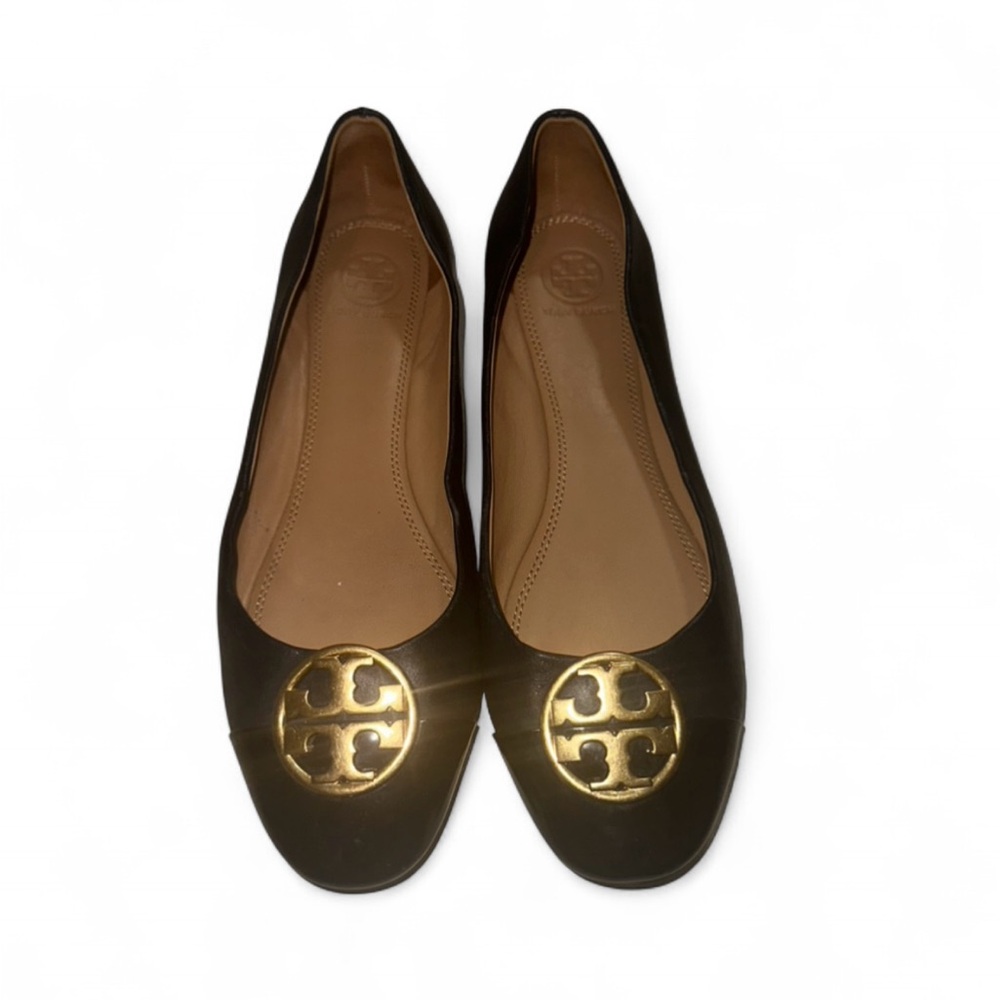 Tory‎ Burch Black Leather with Gold Logo Women's Ballet Flats Size 8.5